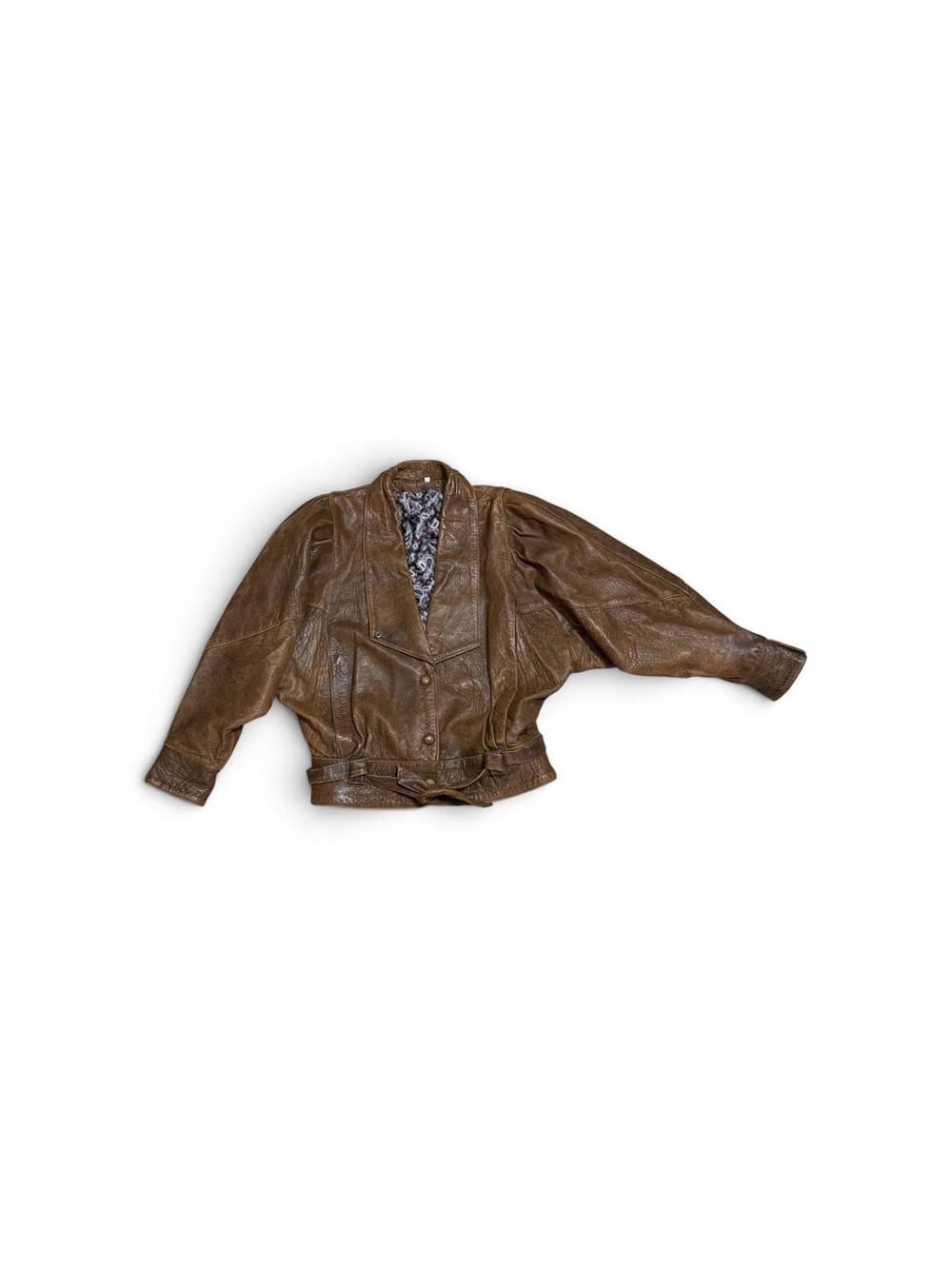 Vintage 1980s Brown Leather Batwing Dolman Belted Jacket Women’s Small